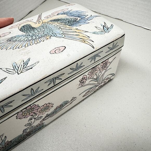 Vintage Chinese Ceramic Trinket Box 8.75" With Lid Crane Bird Floral Home Decor - Picture 10 of 13